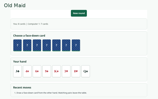 Old Maid playing interface